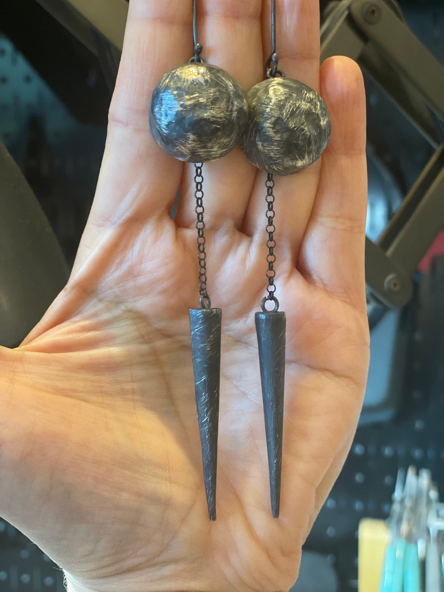 Sterling Silver Rebel dome spike long Earrings