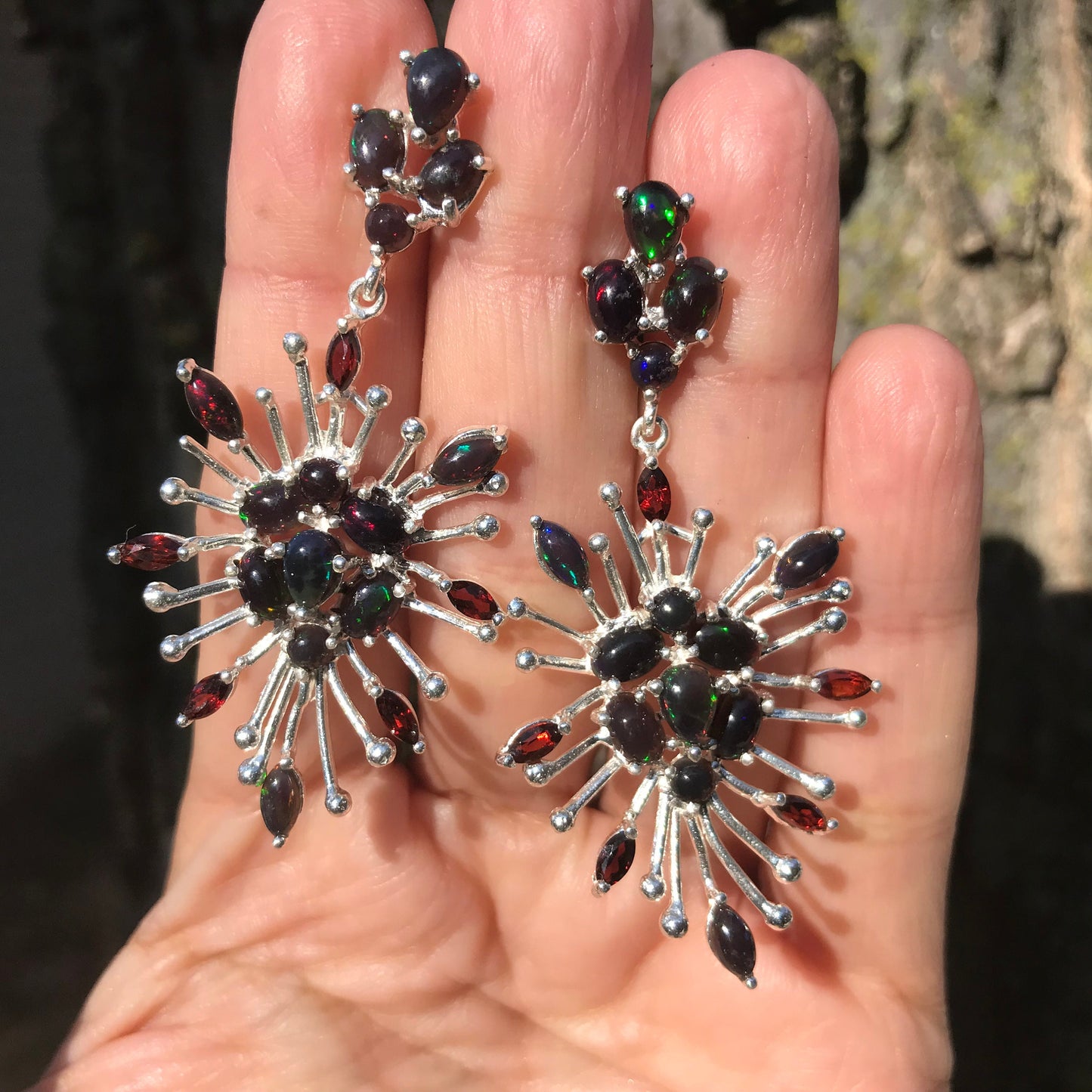 sterling silver Black natural opal garnet starburst earrings