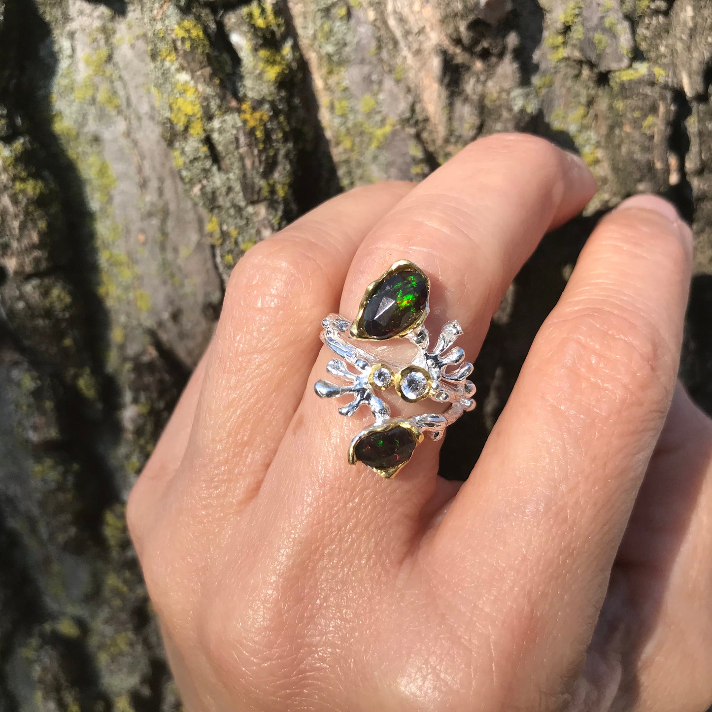 Sterling Silver black Natural Opal coral reef ring 5.5