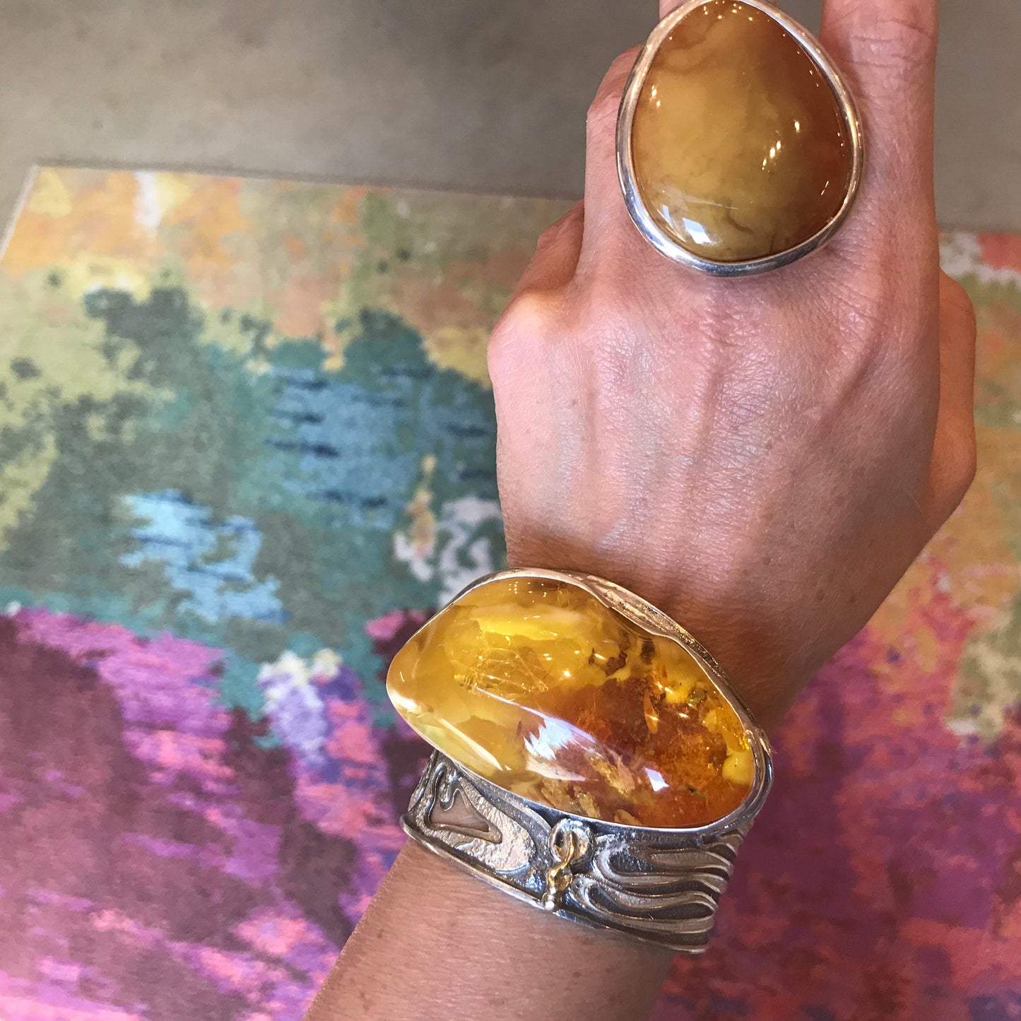sterling silver massive museum abstract Amber bracelet cuff