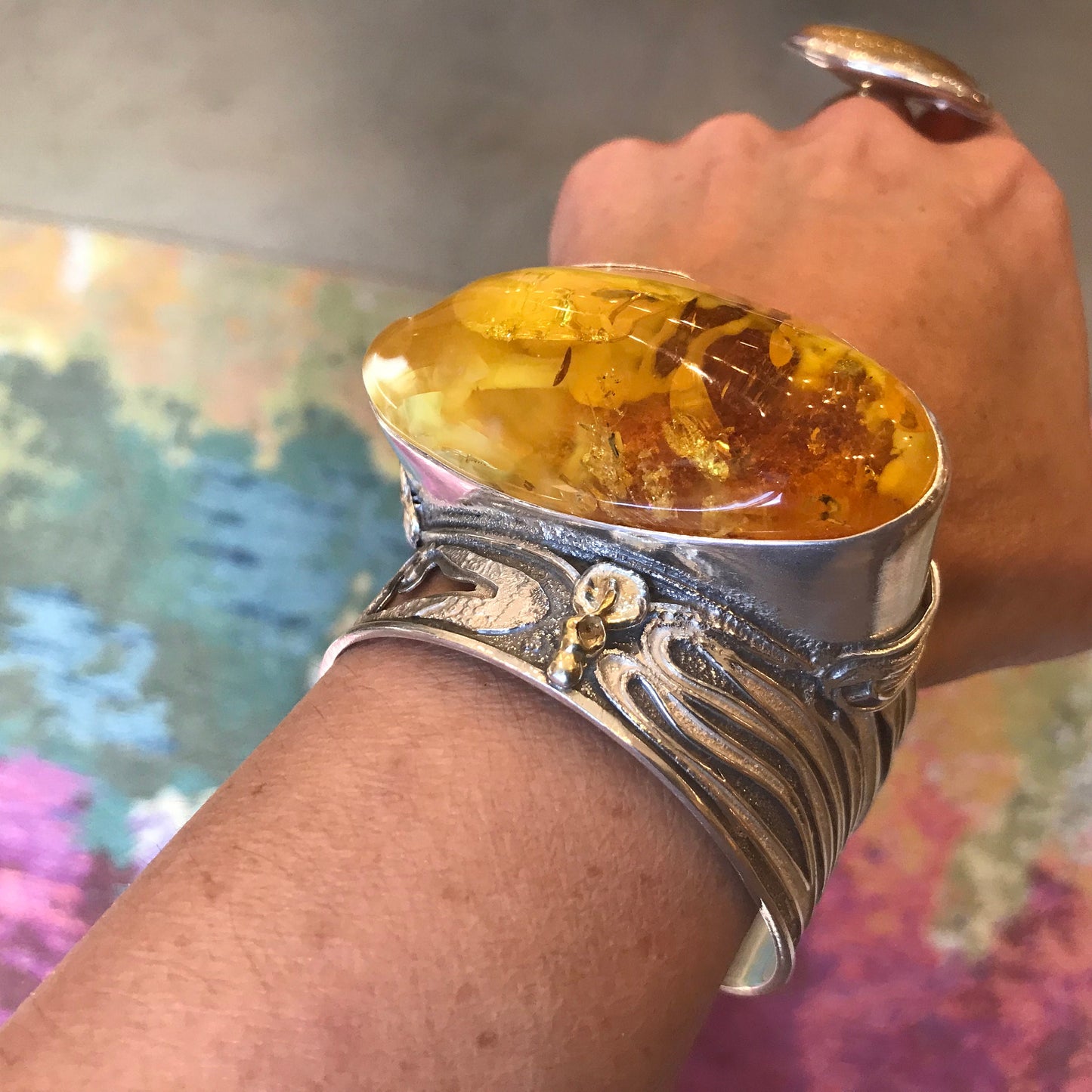 sterling silver massive museum abstract Amber bracelet cuff