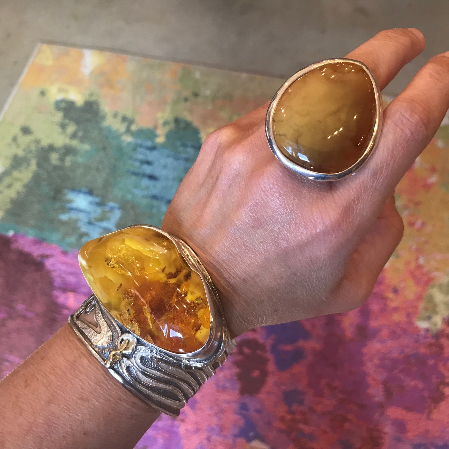 sterling silver massive museum abstract Amber bracelet cuff