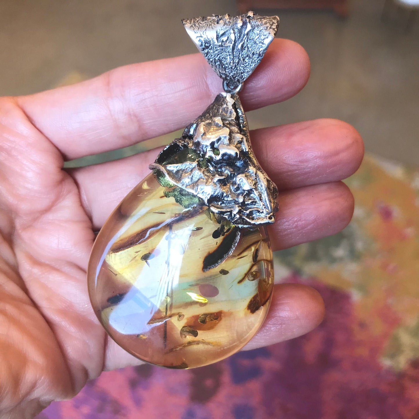 Statement amber brutalist pendant sterling silver