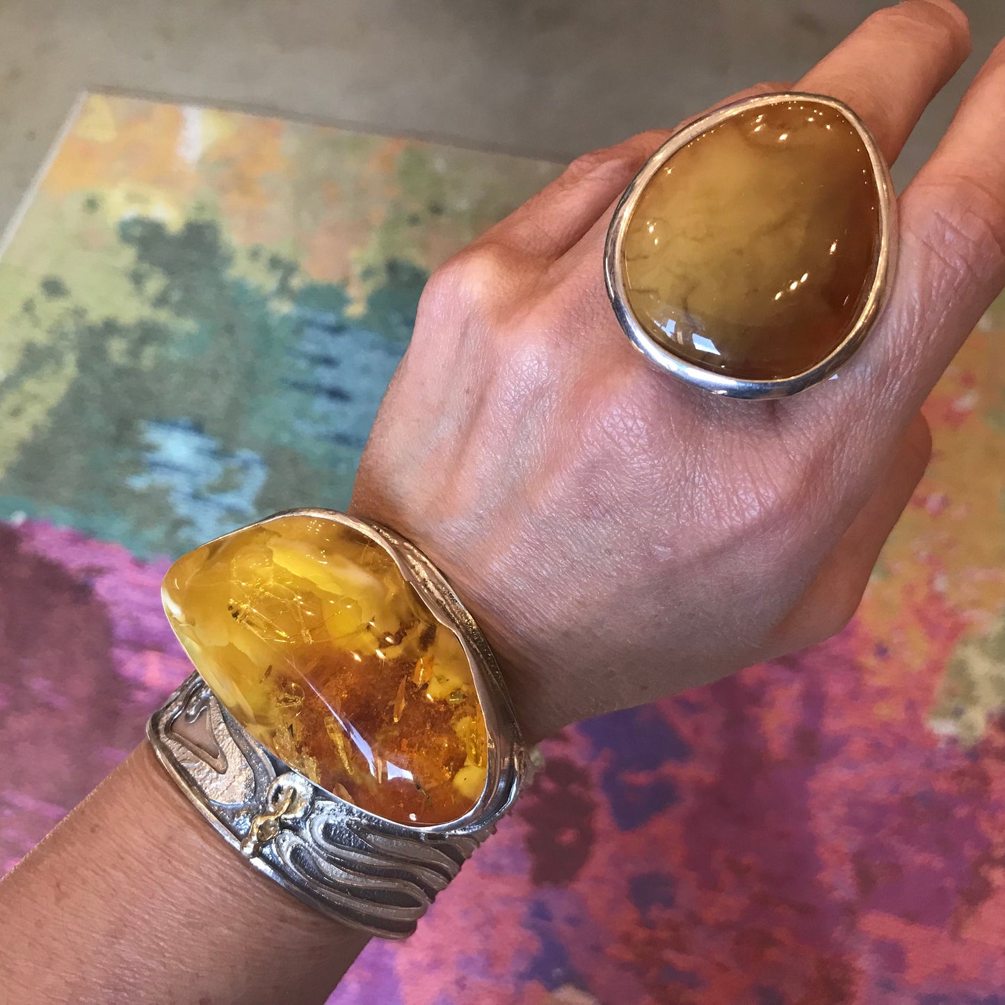 sterling silver massive museum abstract Amber bracelet cuff