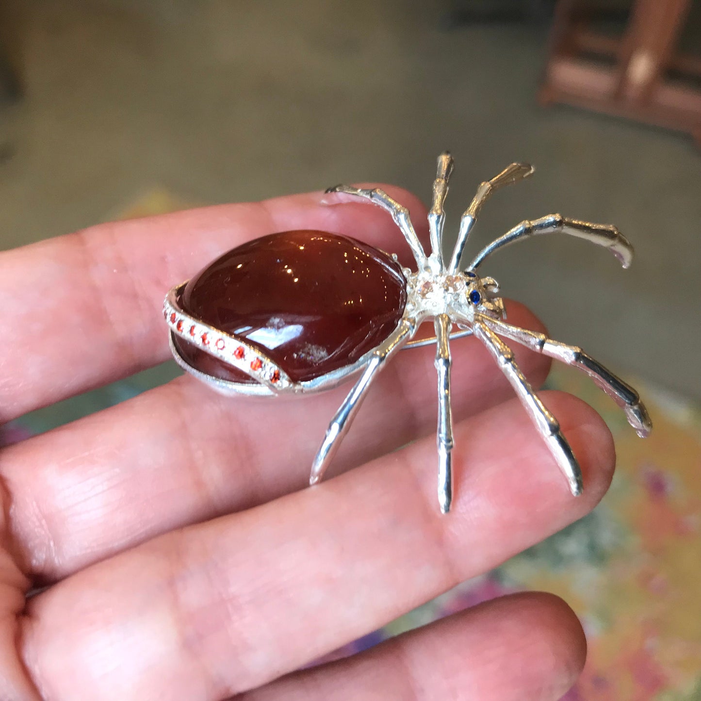 Sterling Silver red hessonite spider Brooch Pin