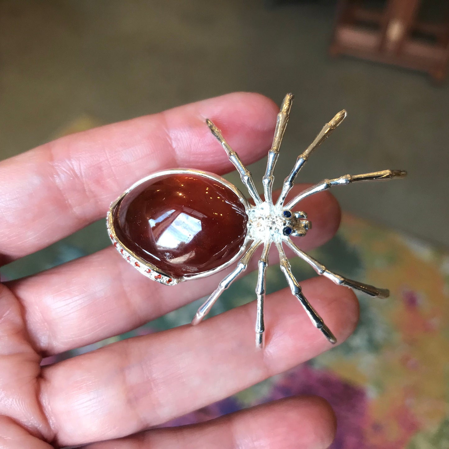 Sterling Silver red hessonite spider Brooch Pin
