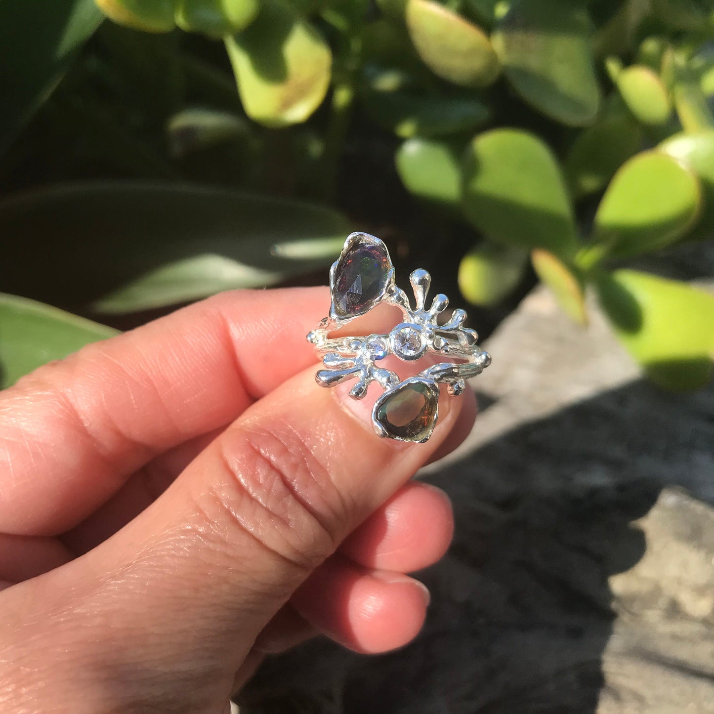 Sterling Silver black Natural Opal coral reef ring 7.5