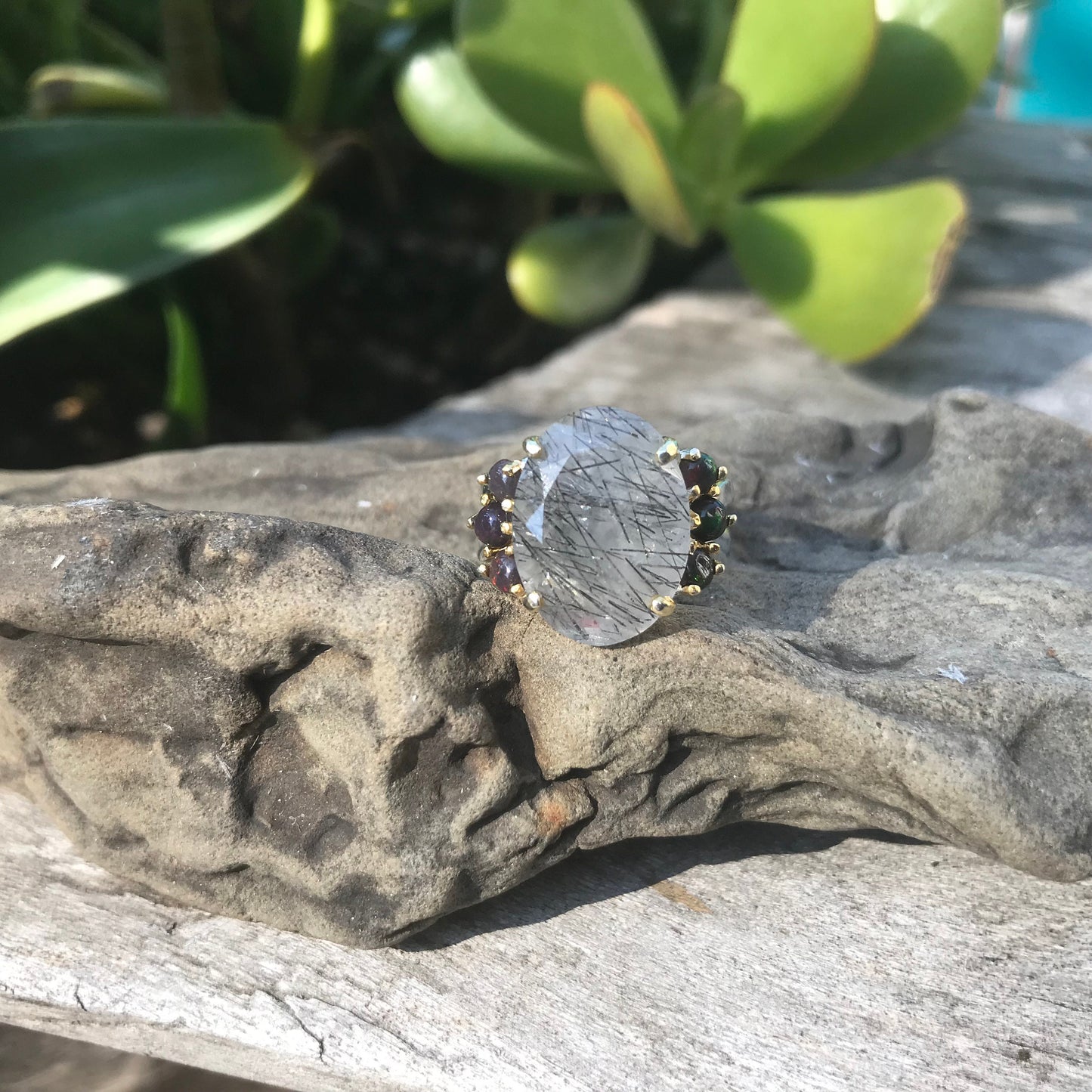 sterling silver rutilated quartz black opal ring 6.5
