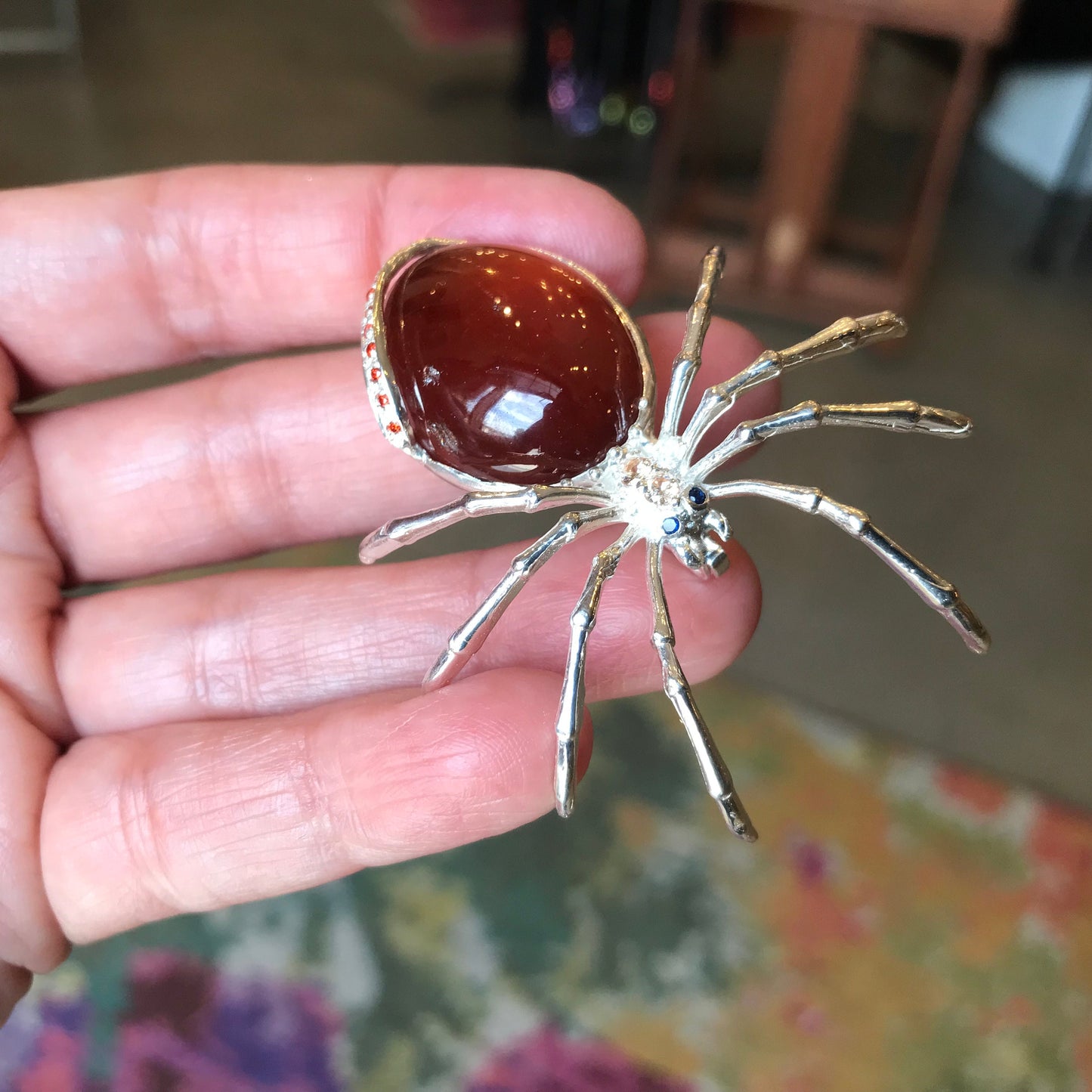 Sterling Silver red hessonite spider Brooch Pin
