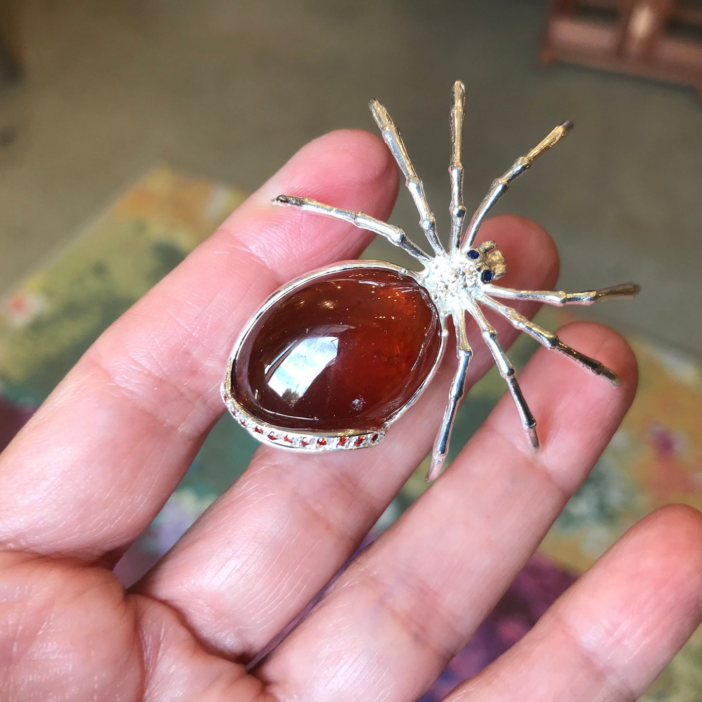 Sterling Silver red hessonite spider Brooch Pin