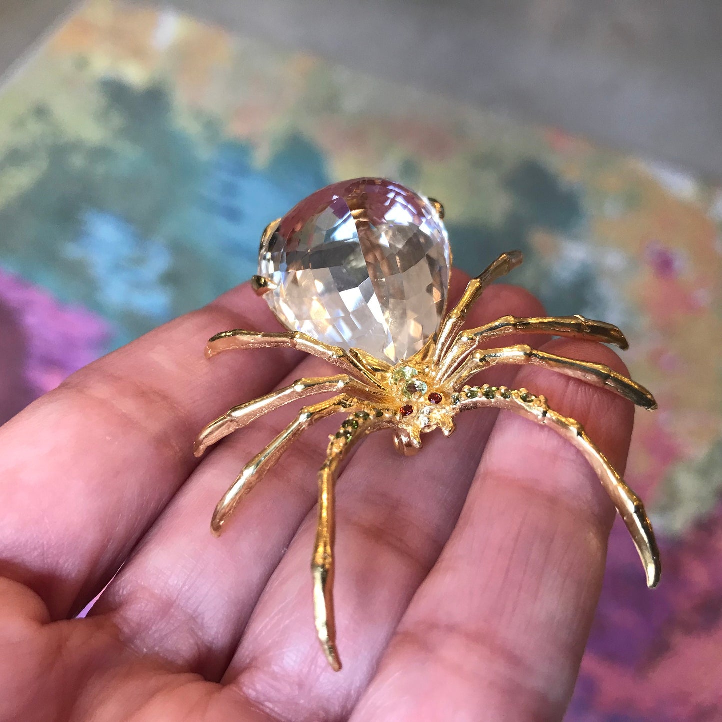 Sterling Silver gold Natural quartz  spider Brooch Pin