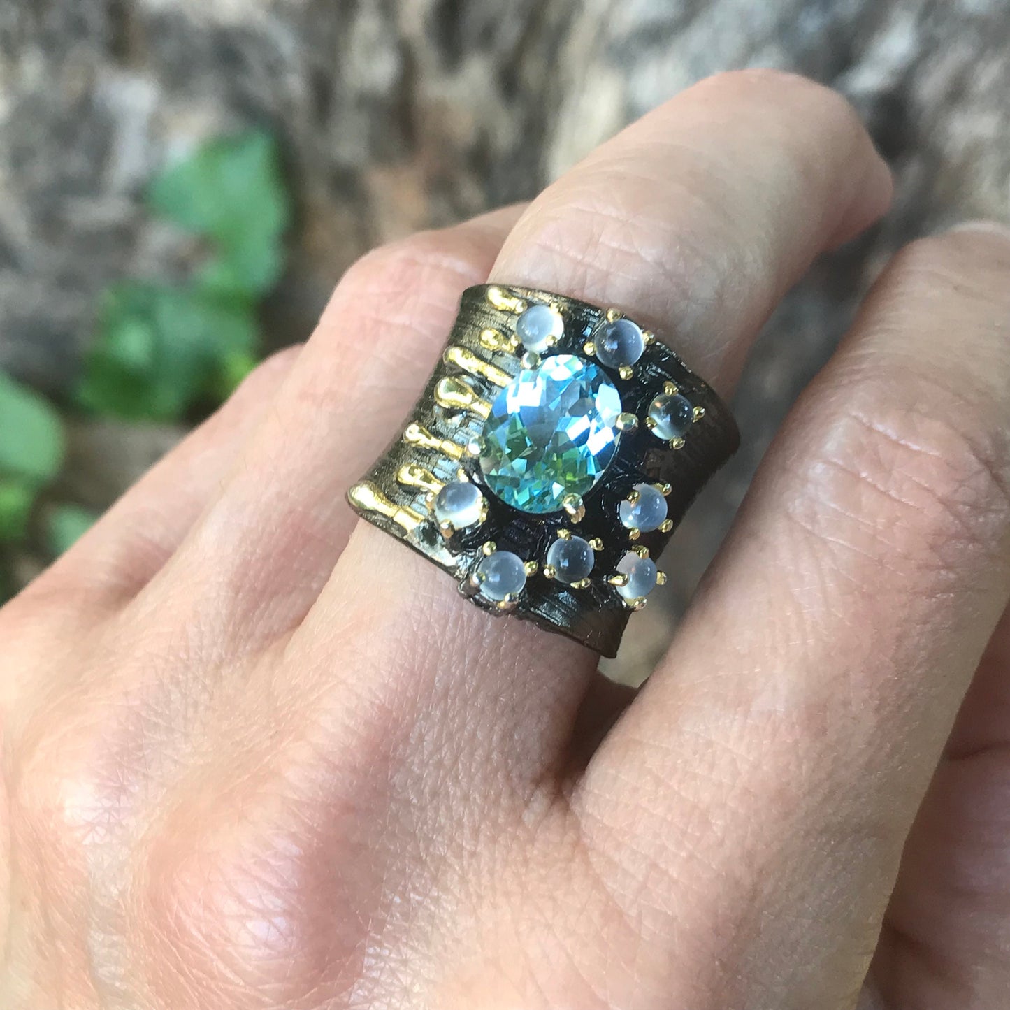 Sterling Silver blue topaz moonstone cuff open Ring 6 7