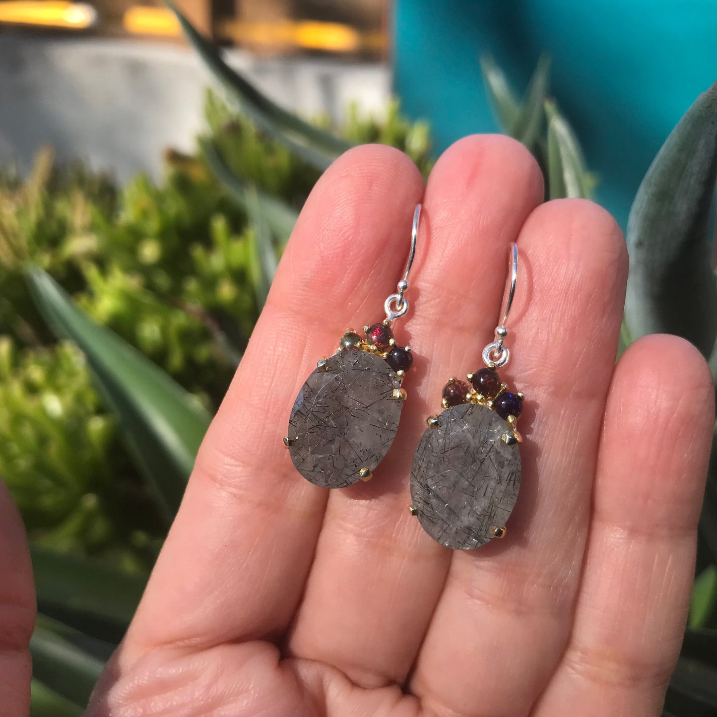 sterling silver statement rutilated quartz black opal earrings