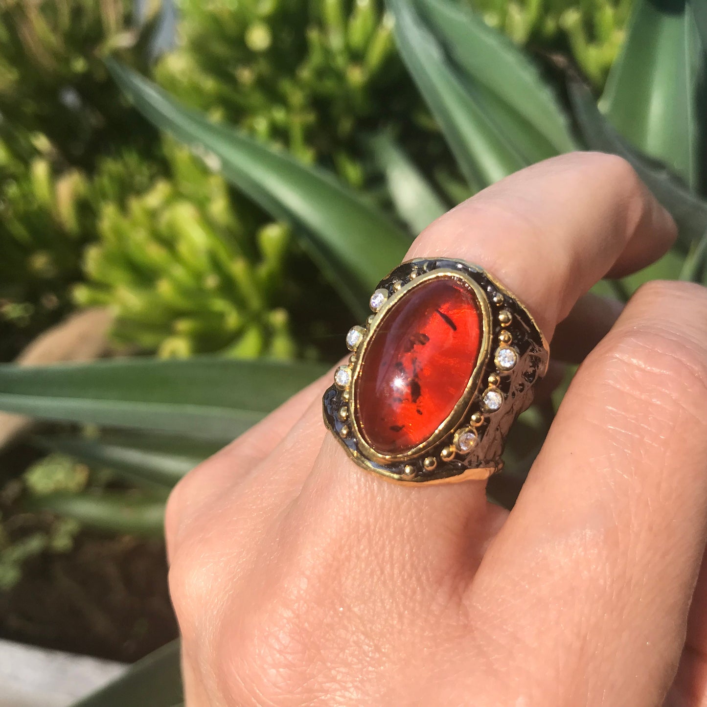 Sterling silver Natural Amber band Ring 7