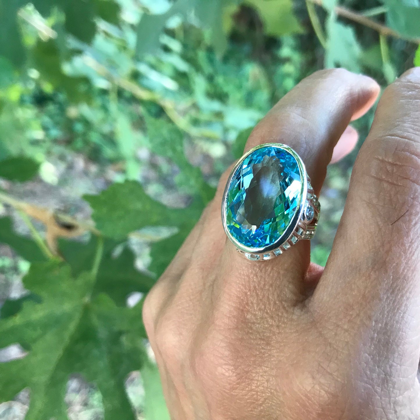 Sterling Silver blue topaz modernist ring 7.5