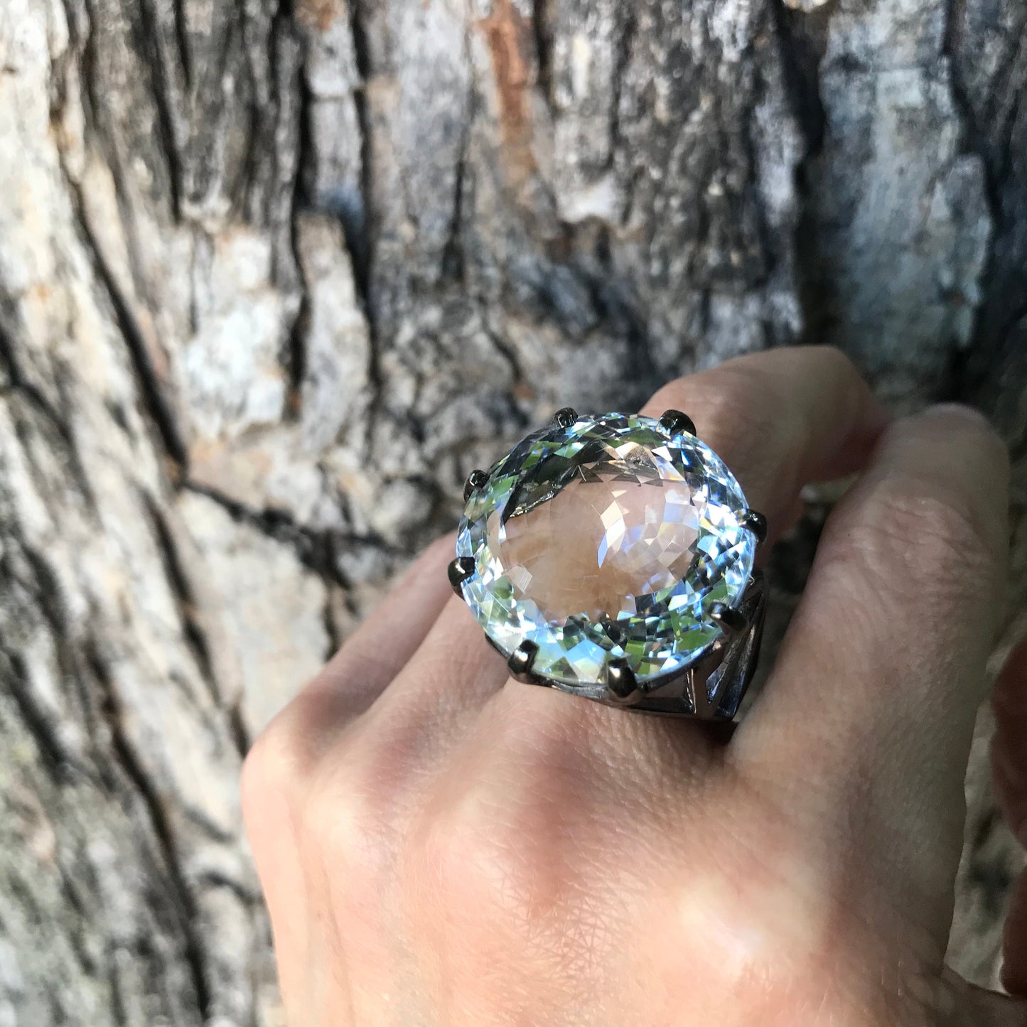 sterling silver natural quartz huge 40ct round huge ring 8.5