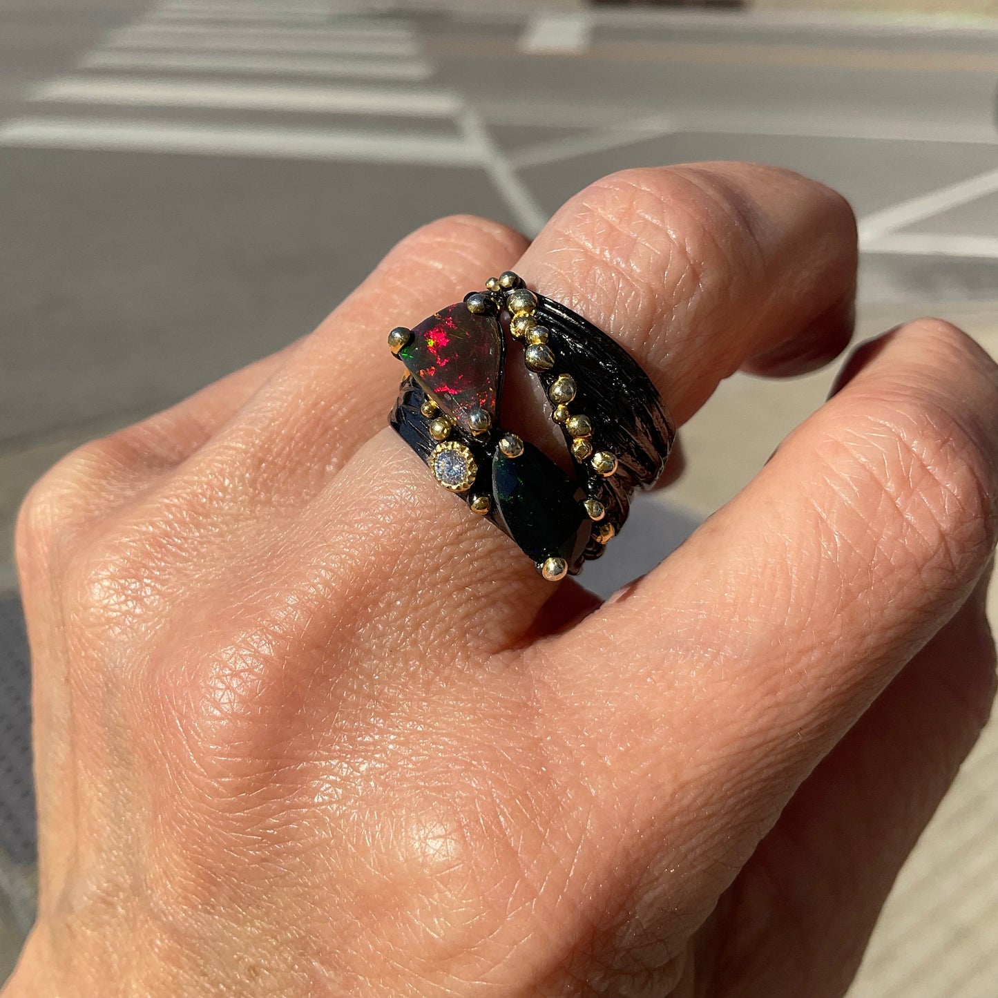 sterling silver natural red blue fire opal band ring 7.5