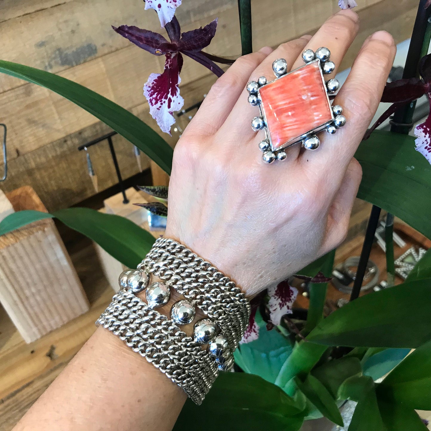 Sterling silver Statement spiny Oyster ring adjustable cuff