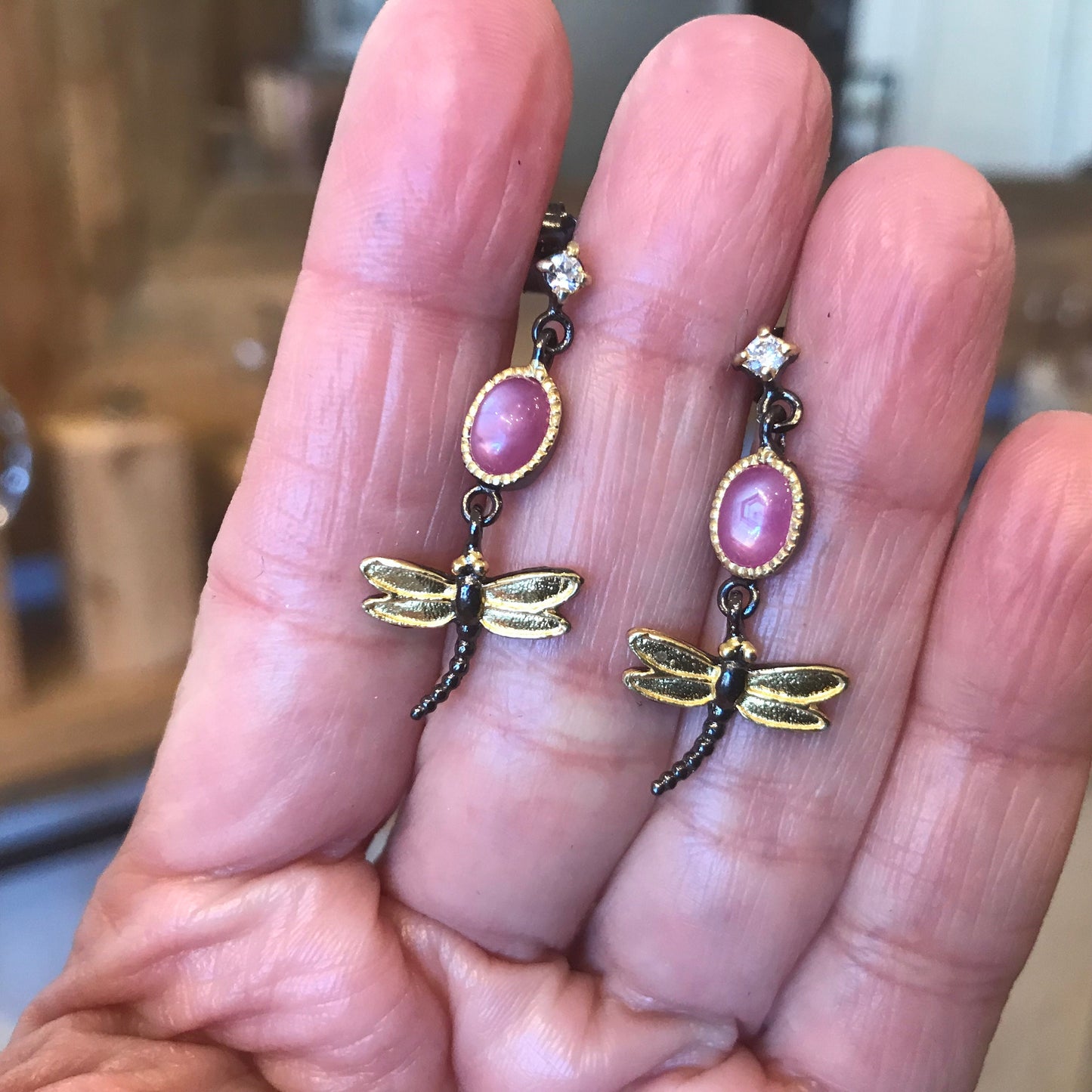 Sterling Silver Red ruby dragonfly dangle pearl earrings