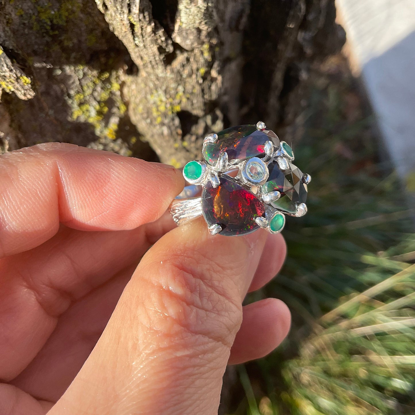 Sterling Silver Black red fire opal heirloom onyx ring 7.5