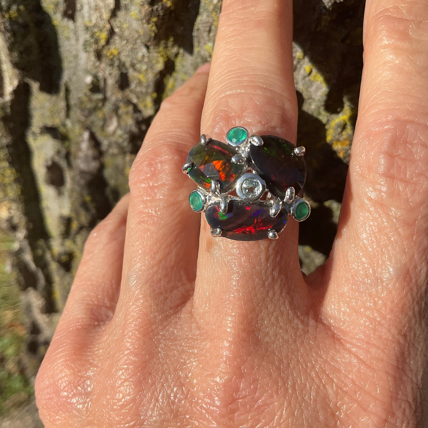 Sterling Silver Black red fire opal heirloom onyx ring 7.5