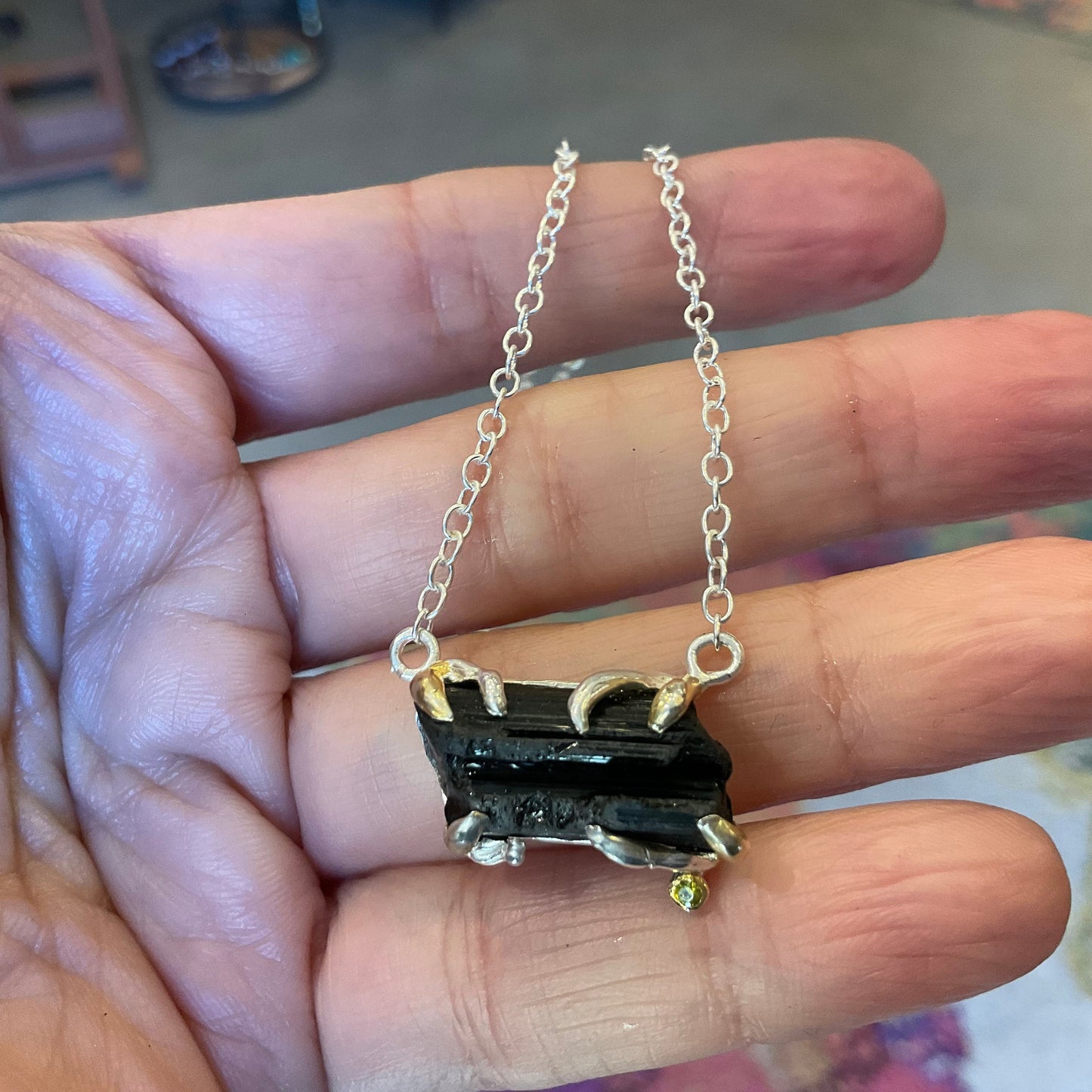 sterling silver Natural black rough tourmaline necklace pendant