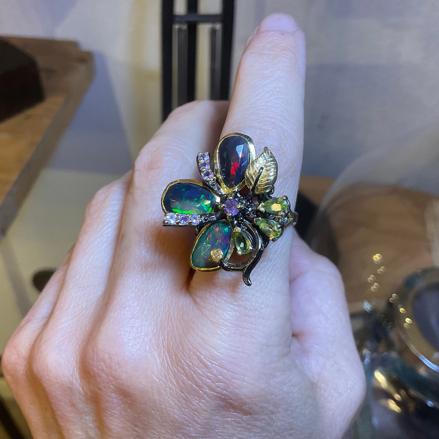 Sterling Silver Black blue fire opal heirloom ring 8