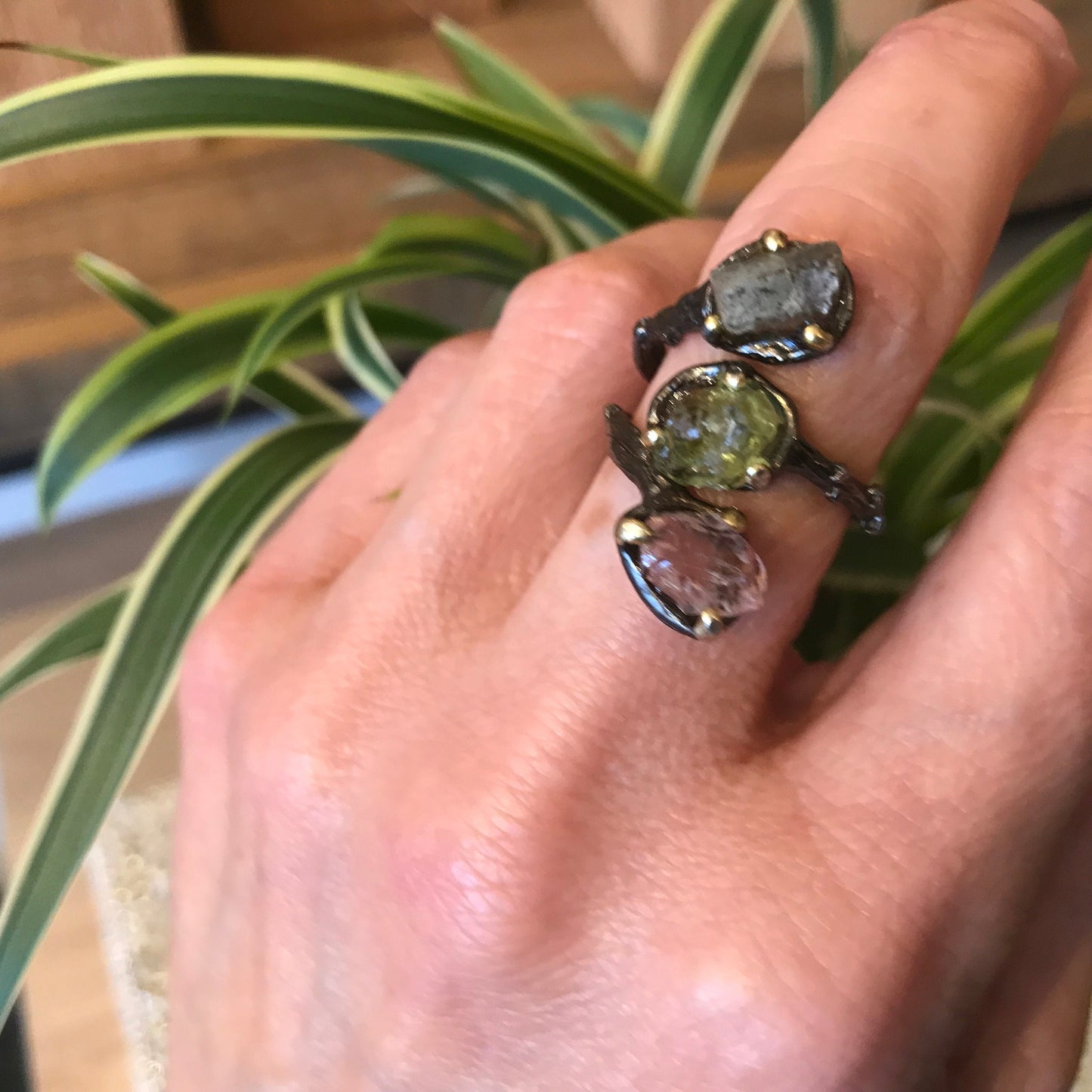 sterling silver rough natural tourmaline twig natural art ring 7 8 8.5 adjustable