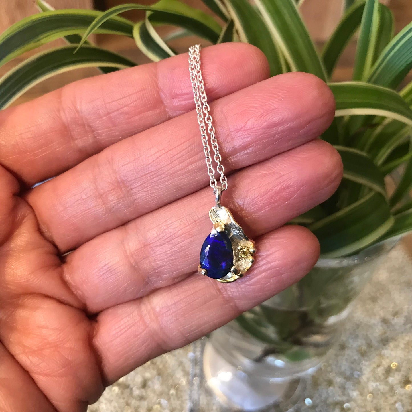 Sterling silver Blue fire opal pendant necklace 18”