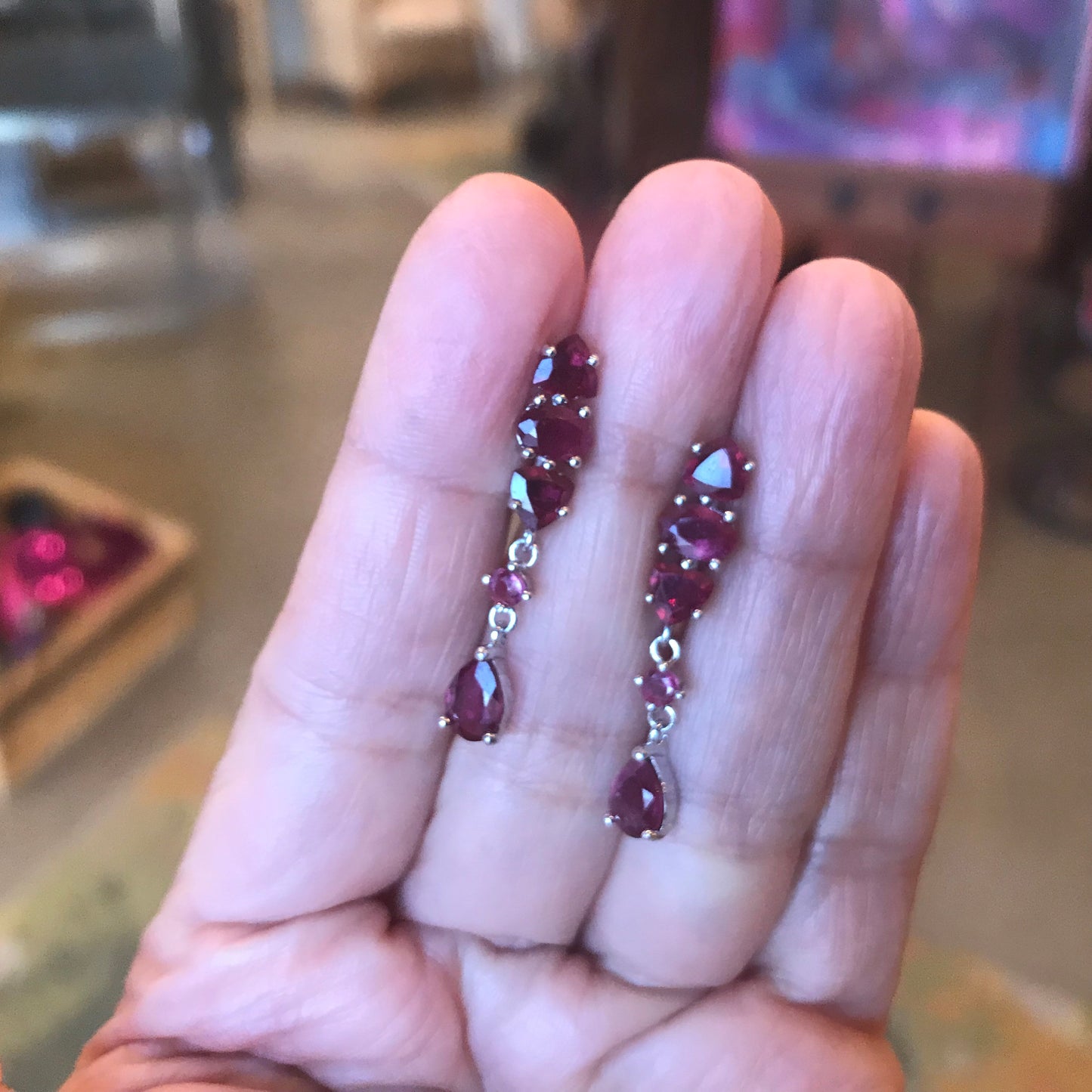 Sterling Silver red ruby long dangle earrings