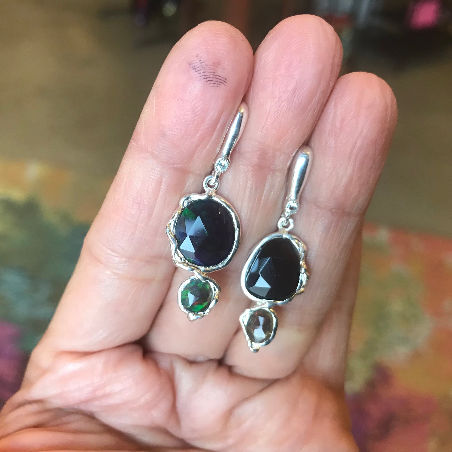 Sterling Silver Natural black fire Opal post dangle Earrings