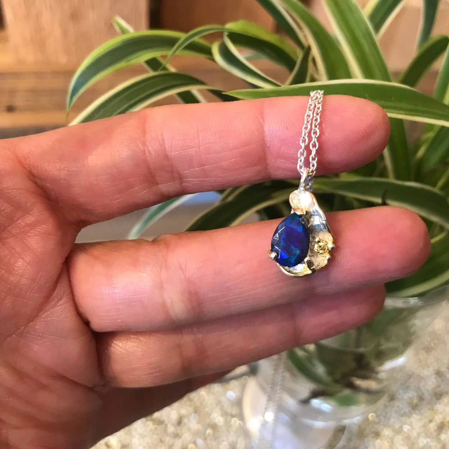 Sterling silver Blue fire opal pendant necklace 18”