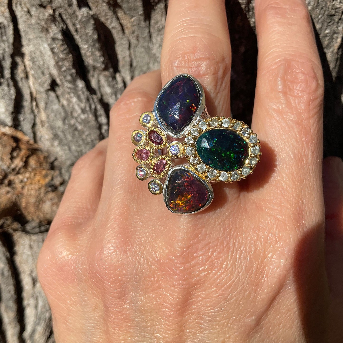 Sterling Silver Black red blue fire opal tourmaline heirloom ring 7.5