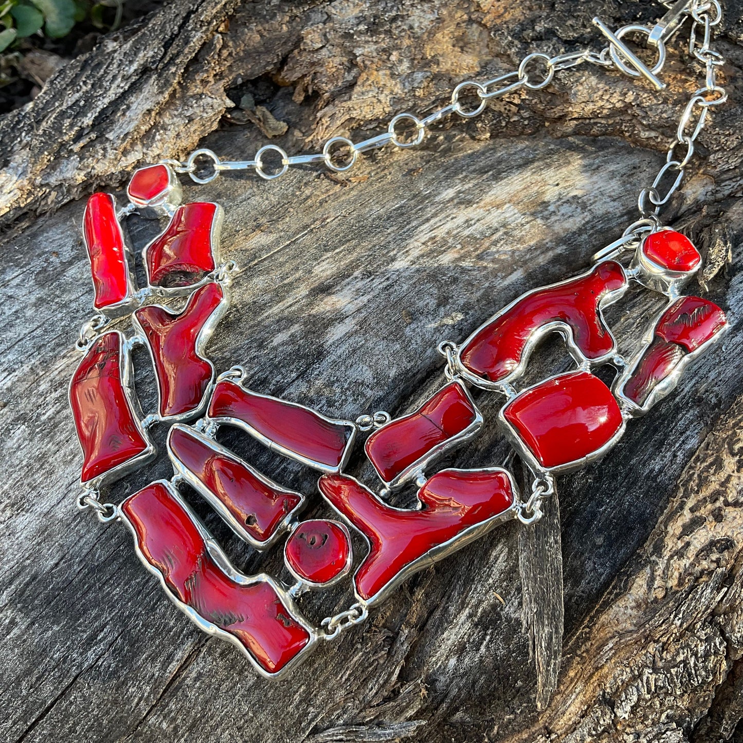 Sterling Silver Natural red coral organic Statement Necklace