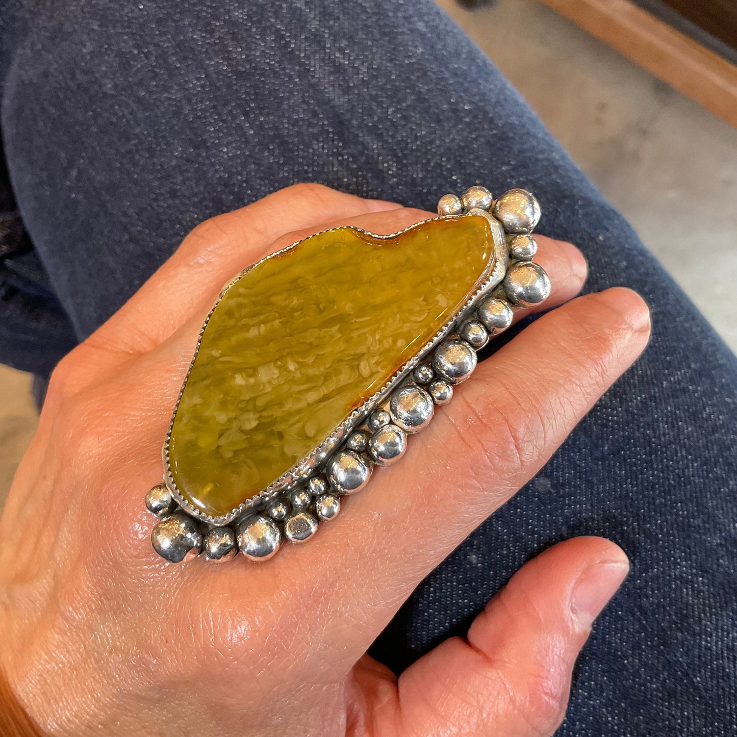 sterling silver Brutalist OOAK Baltic amber Statement massive ring