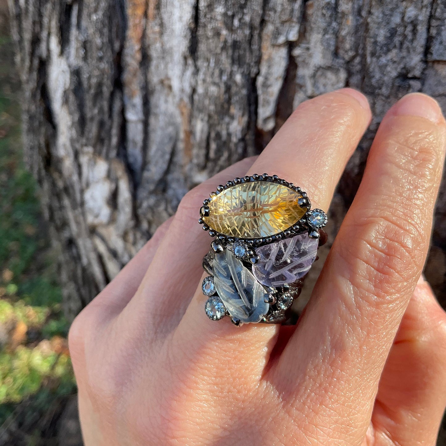 sterling Silver amethyst topaz citrine carved band Ring 7.5