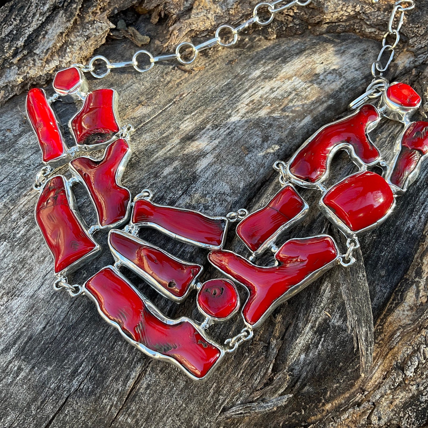 Sterling Silver Natural red coral organic Statement Necklace