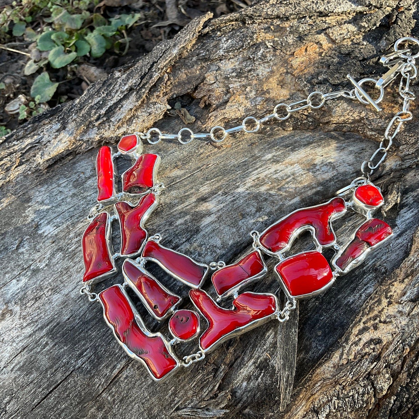 Sterling Silver Natural red coral organic Statement Necklace