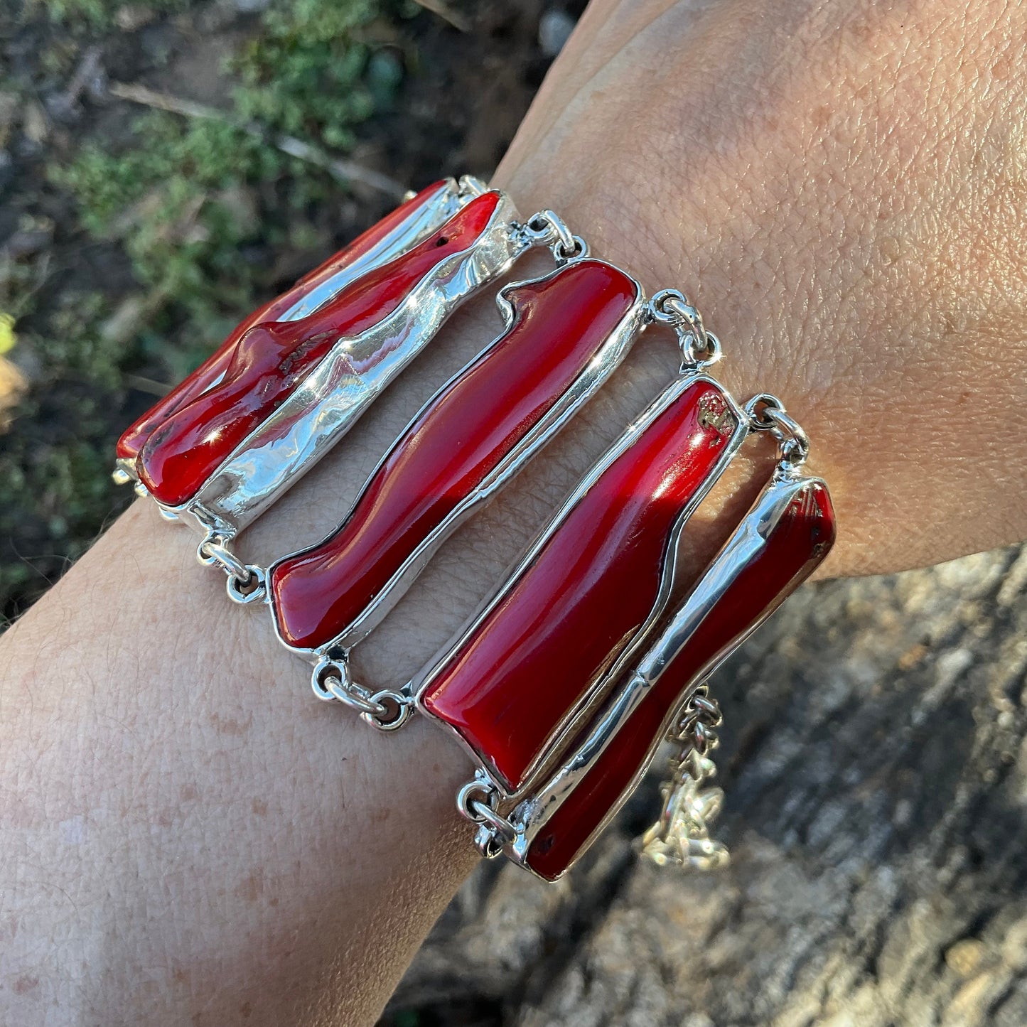 925 sterling silver Natural red coral Bracelet artisan handmade