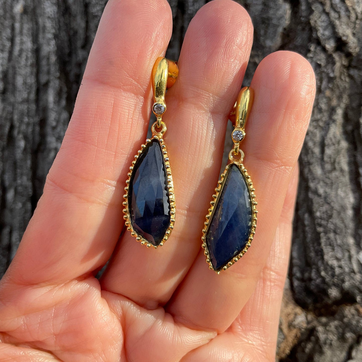 sterling Silver blue sapphire gold post dangle Earrings
