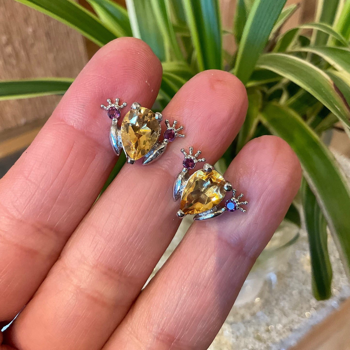 Sterling Silver Citrine frog tod rhodolite post earrings