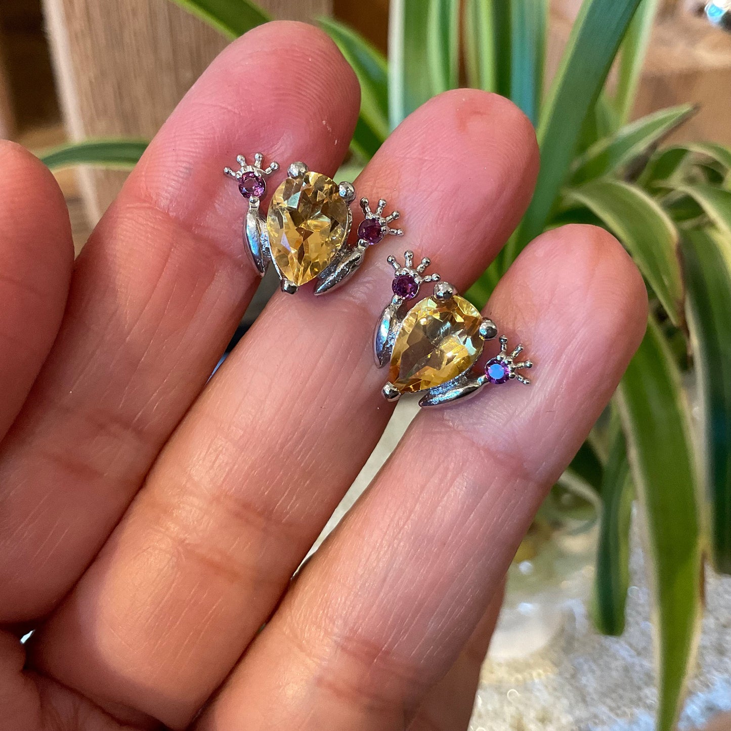 Sterling Silver Citrine frog tod rhodolite post earrings