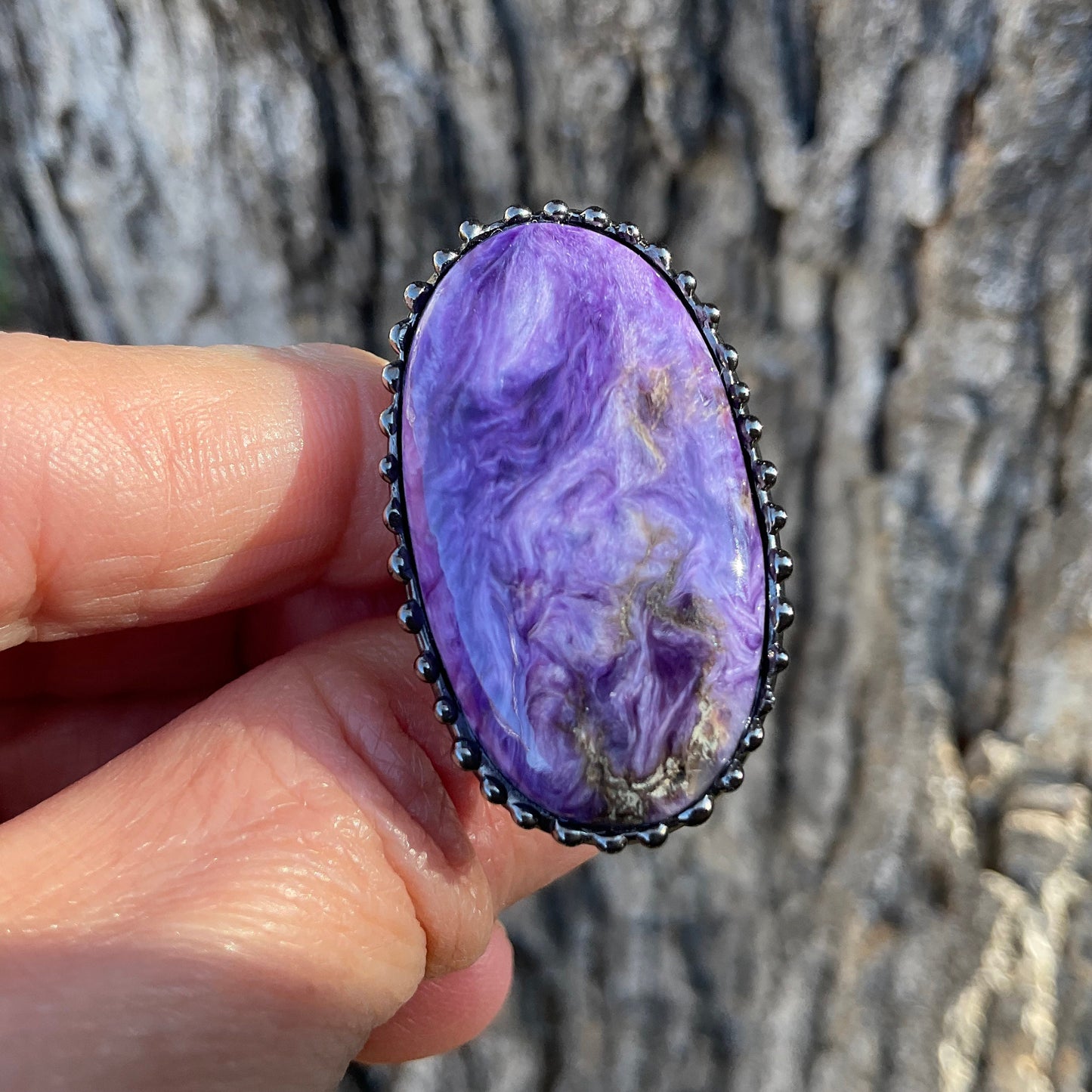 Sterling Silver Gold Charoite Statement ring 7.5