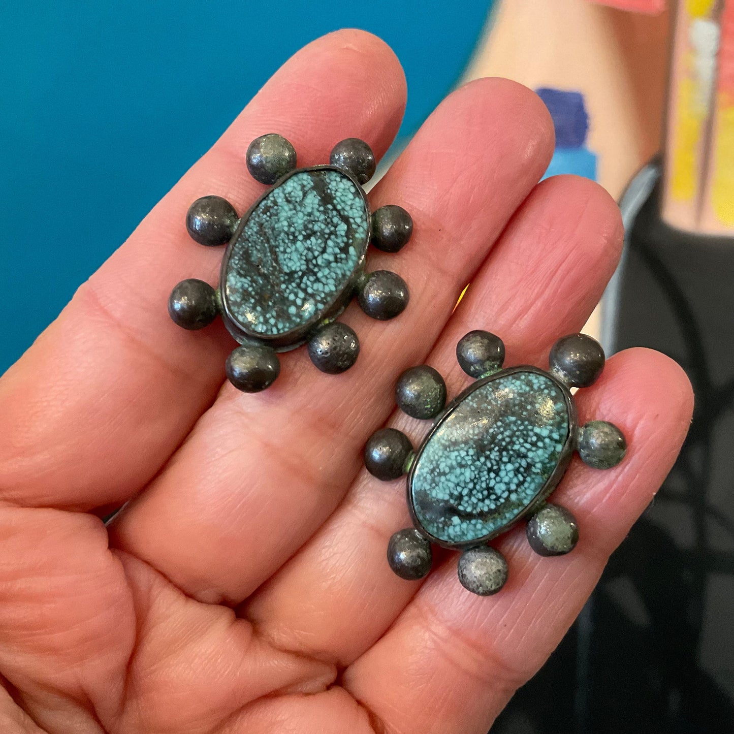 Sterling Silver moss turquoise brutalist sunburst post earrings