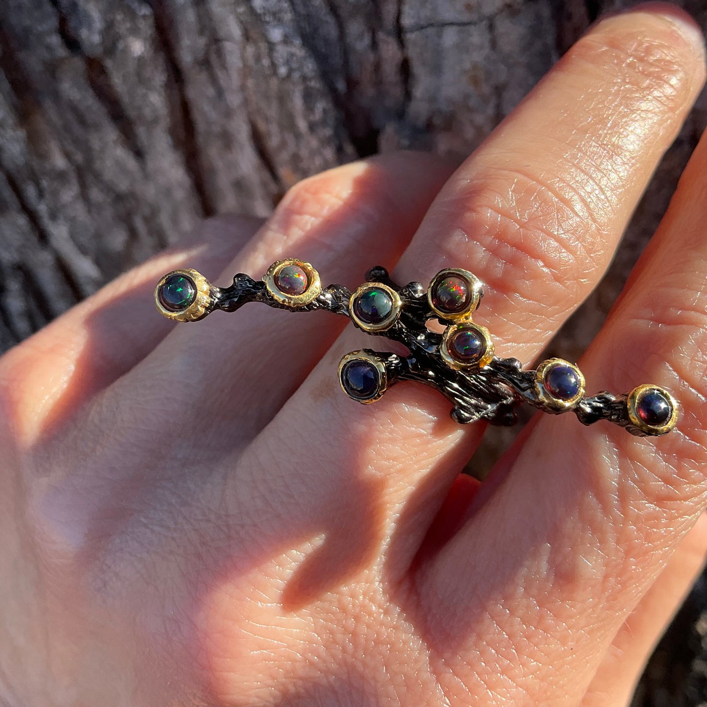 Natural opal Branch organic twig Sterling Silver ring 6.5