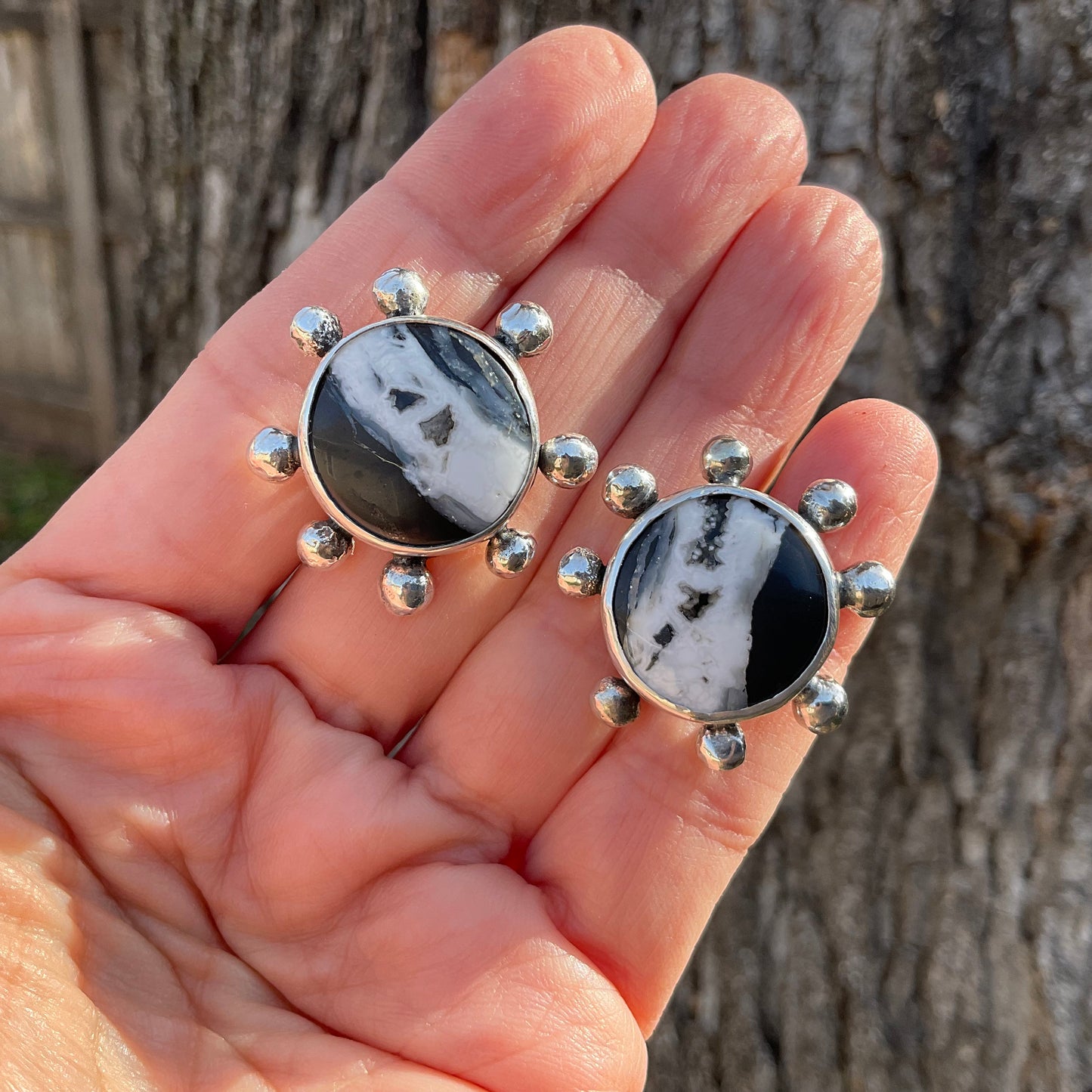 Sterling Silver white buffalo ribbon turquoise sunburst post earrings