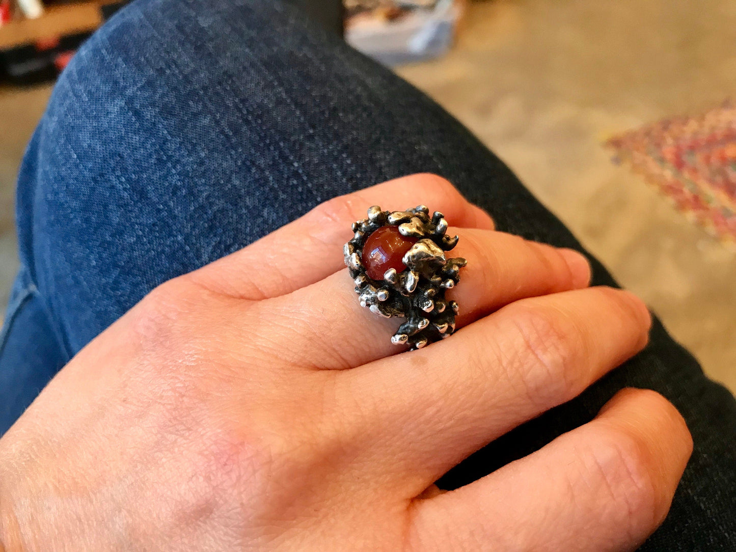 Sterling Silver carnelian brutalist Ring Size 6 Colors Of Etnika