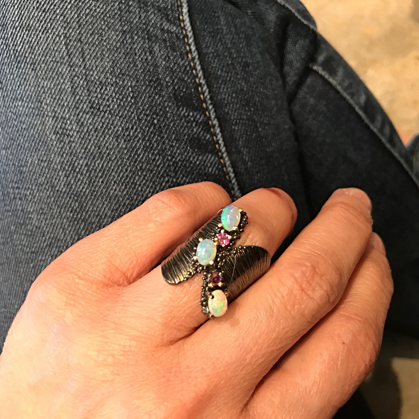 Sterling silver natural opal and amethyst Modernist Ring Artisan 6 Colors Of Etnika