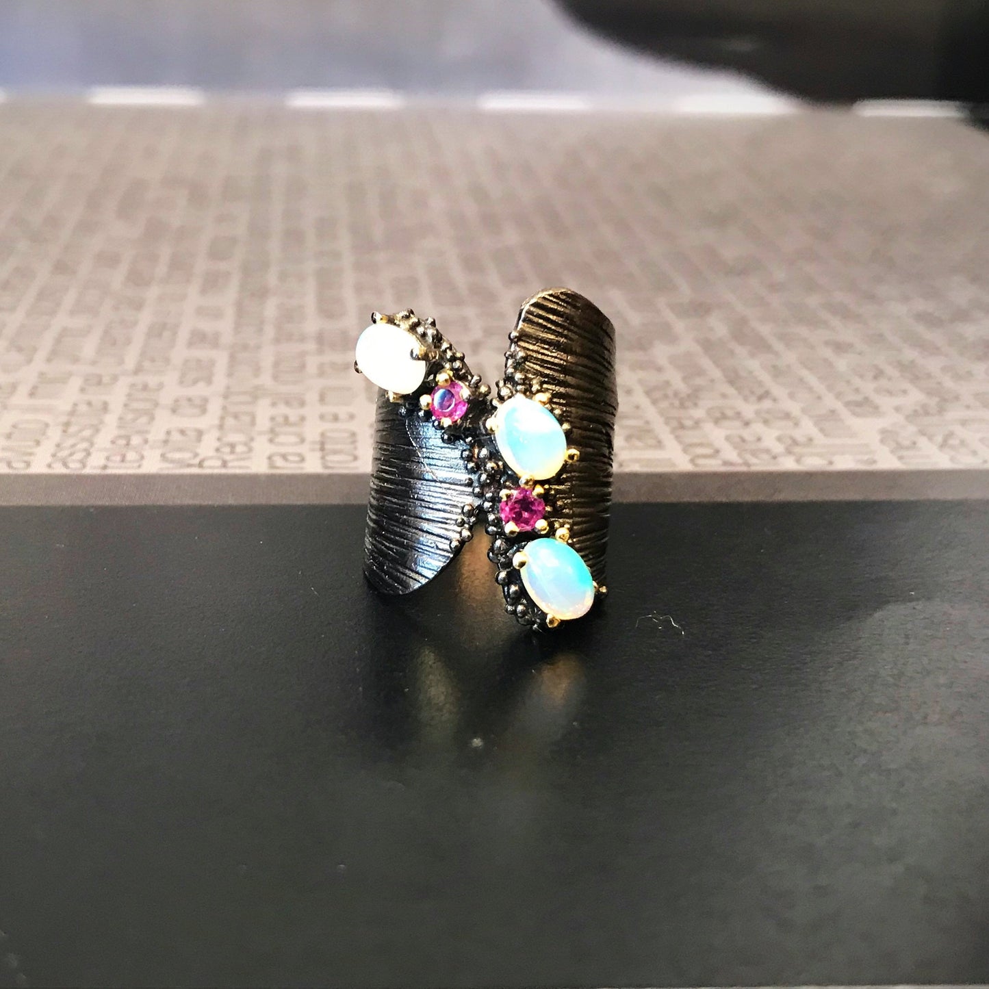 Sterling silver natural opal and amethyst Modernist Ring Artisan 6 Colors Of Etnika