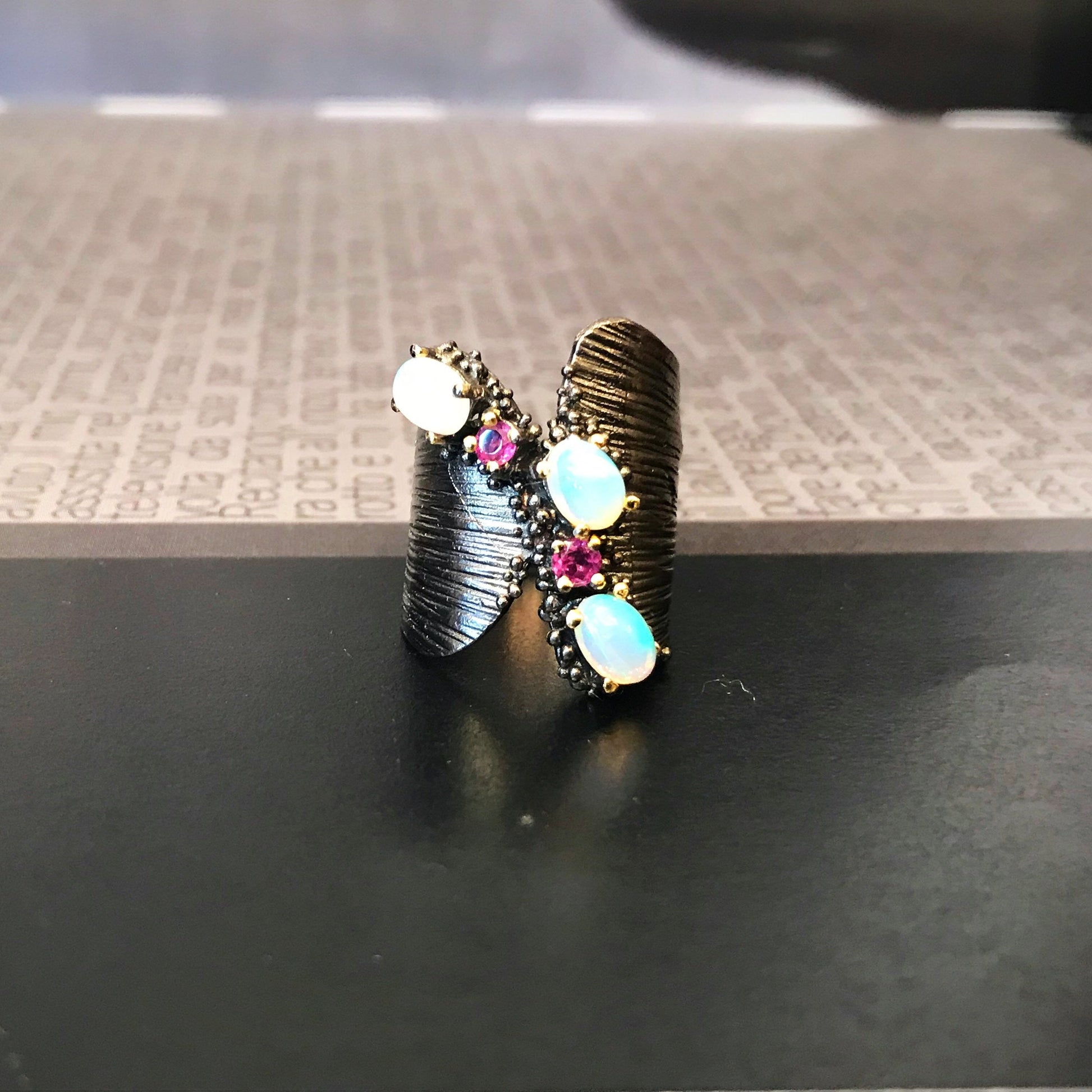 Sterling silver natural opal and amethyst Modernist Ring Artisan 6 Colors Of Etnika
